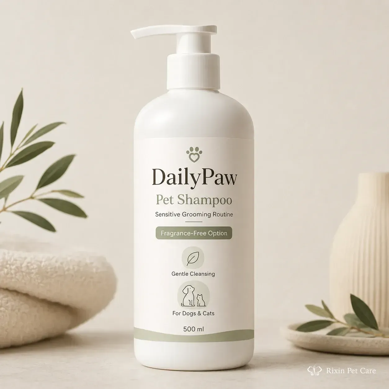 Fragrance-free everyday pet shampoo direction with neutral packaging presentation