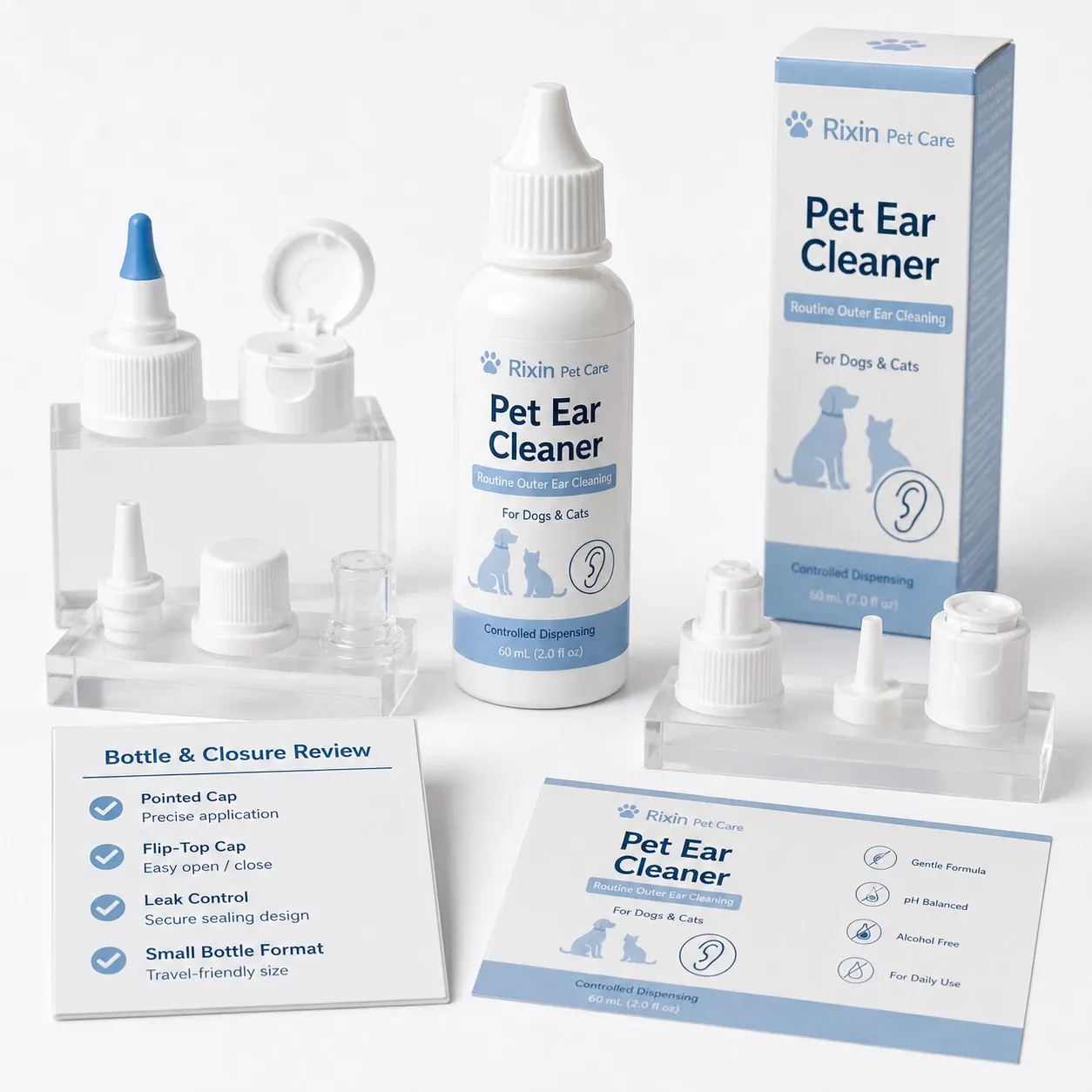 Rixin Pet Care small bottle and cap review for pet ear cleaner with closure samples, carton, and review cards