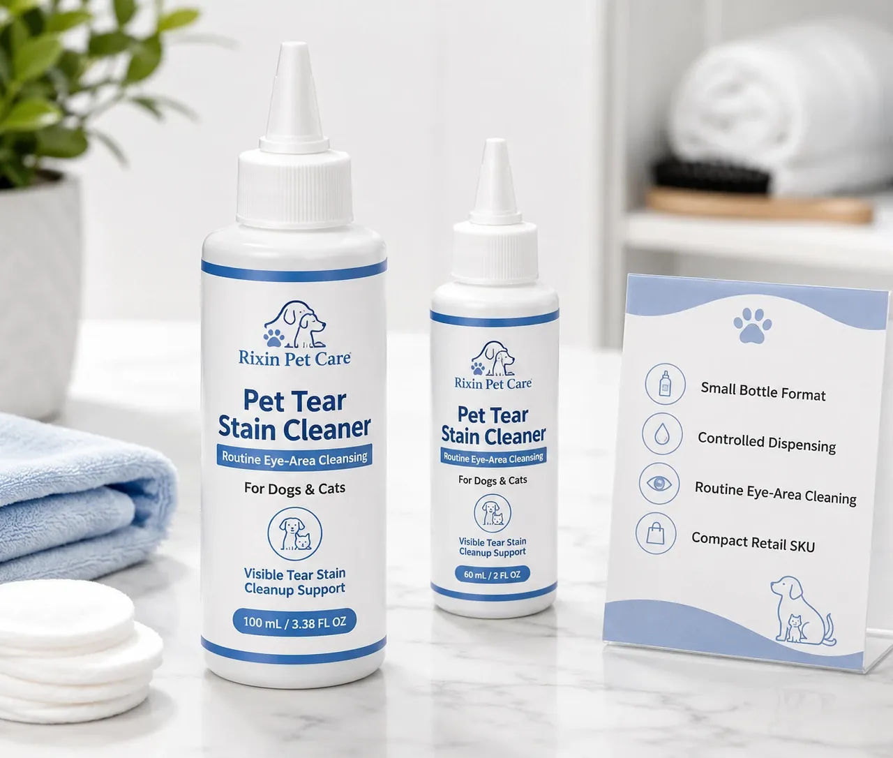 Pet tear stain cleaner bottle format with cotton pads and packaging review materials
