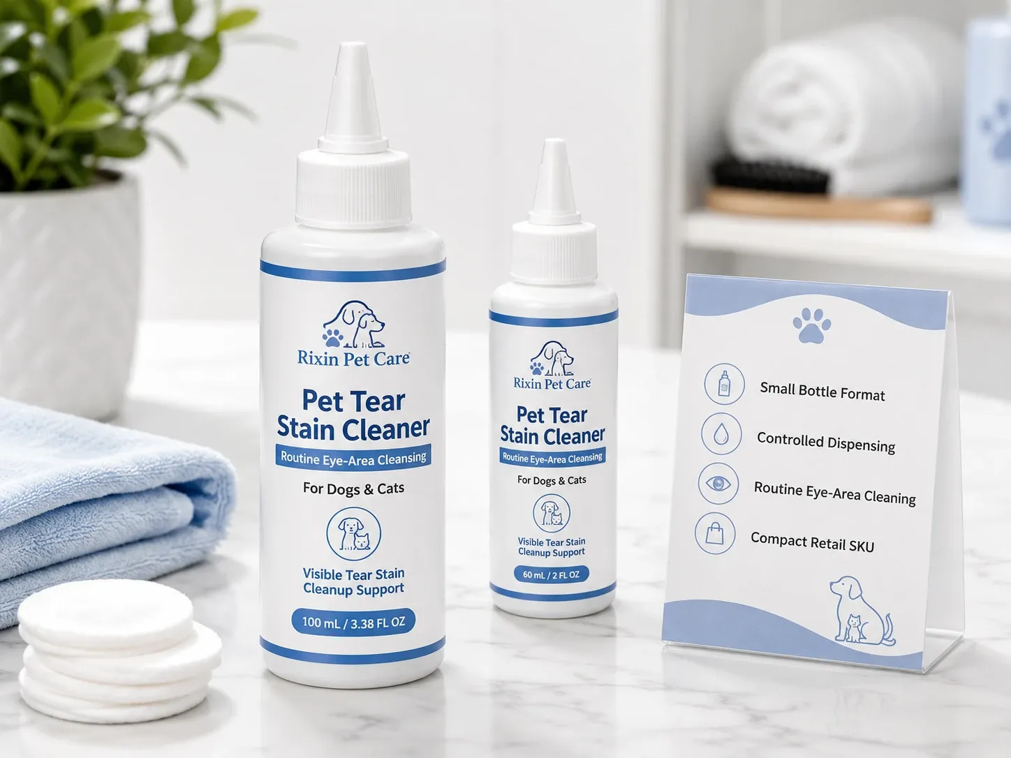 Rixin Pet Care pet tear stain cleaner small bottle format with two bottle sizes, cotton pads, folded towel, and format information sign