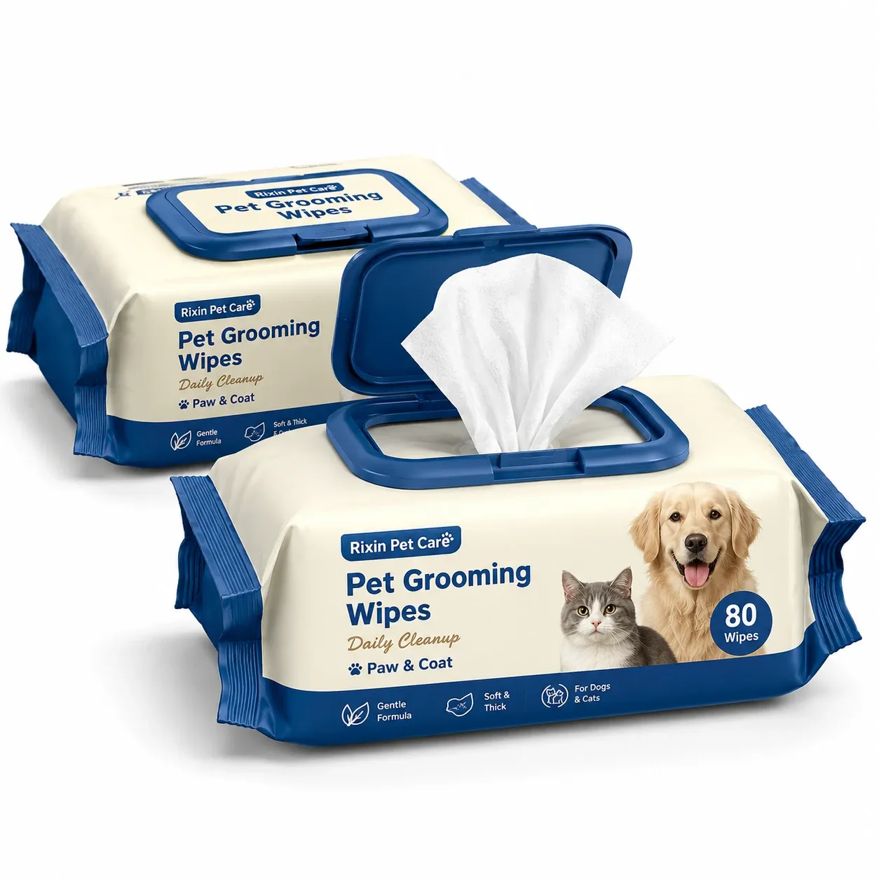 Private label pet grooming wipes soft pack with blue flip-top lid and one wipe lifted from the opening