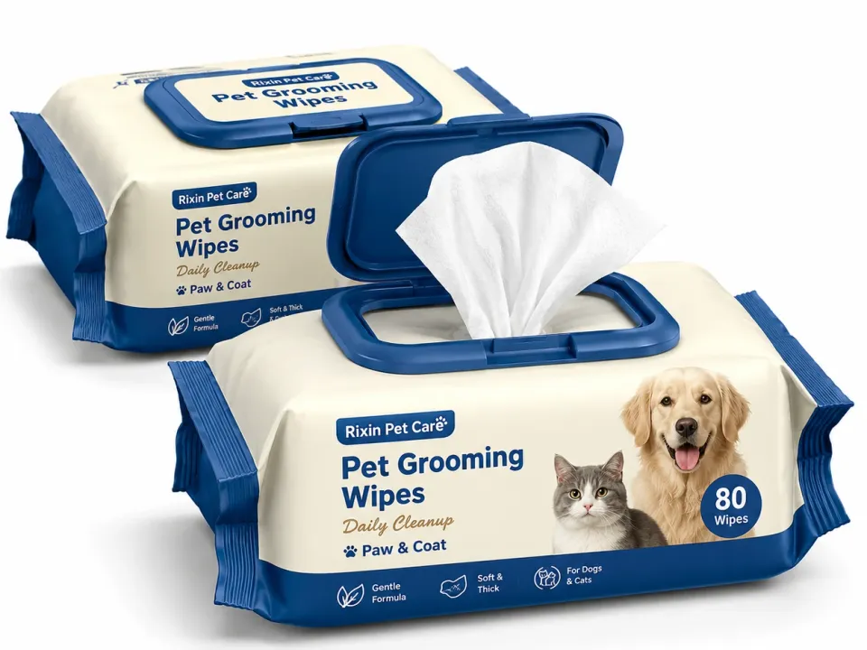 Private label pet grooming wipes soft pack with blue flip-top lid
