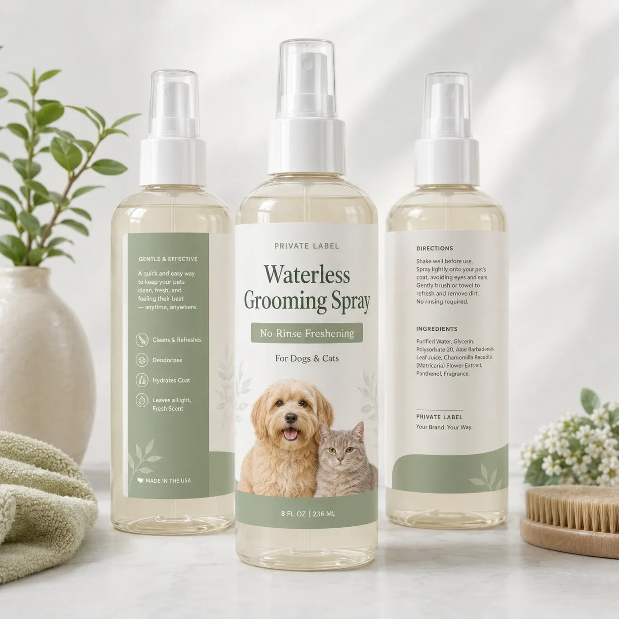 Private label waterless grooming spray bottles showing front, side, and back label views