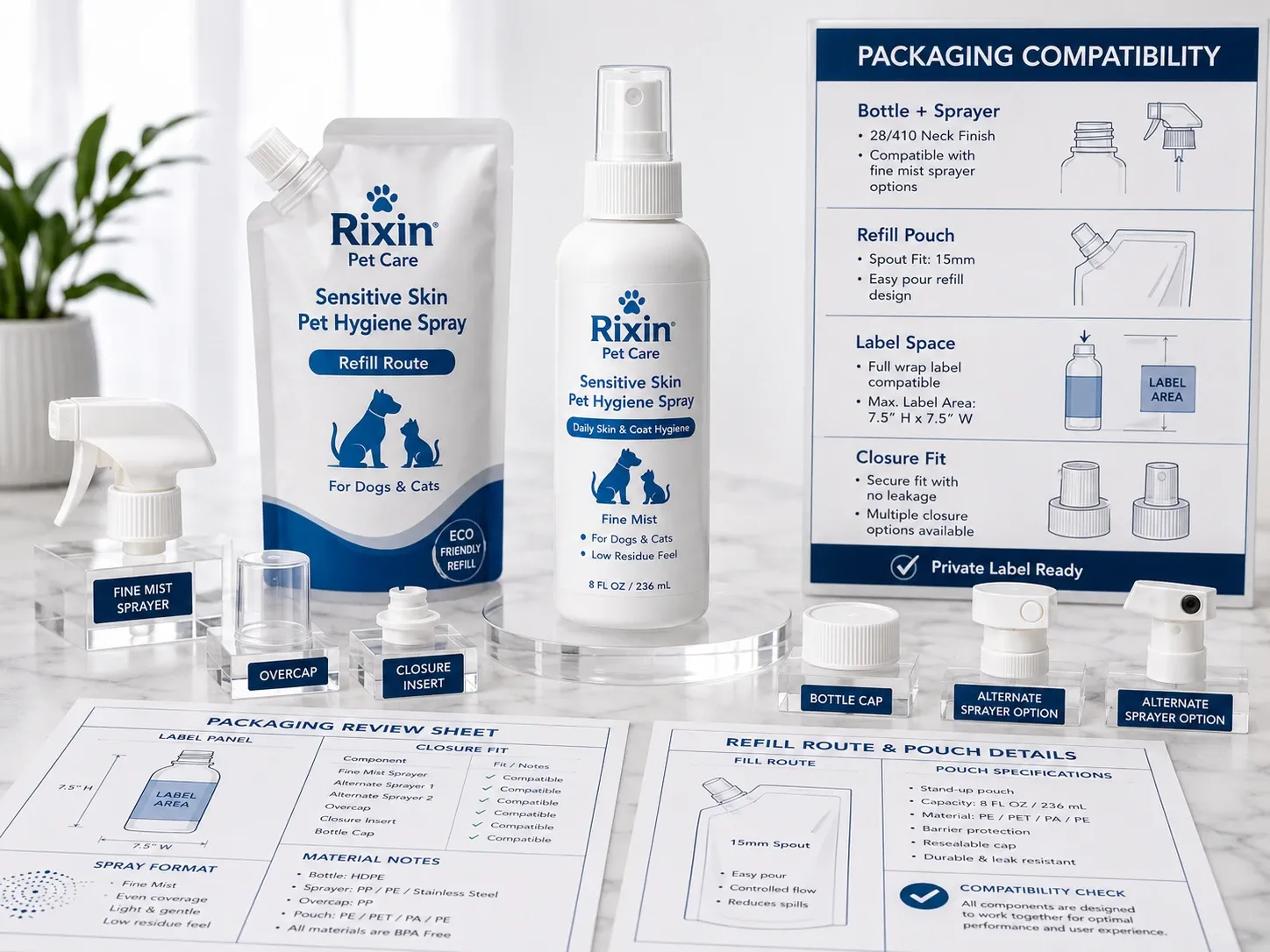 Rixin Pet Care packaging compatibility review for sensitive skin pet hygiene spray with refill pouch, fine mist bottle, sprayer samples, closure parts, and review sheets