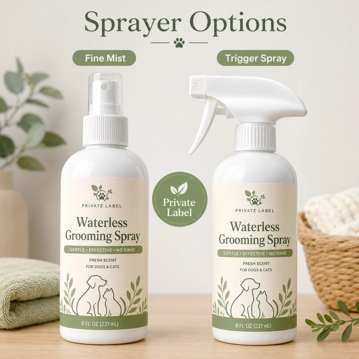 Comparison of fine mist and trigger spray bottle options for waterless pet grooming spray