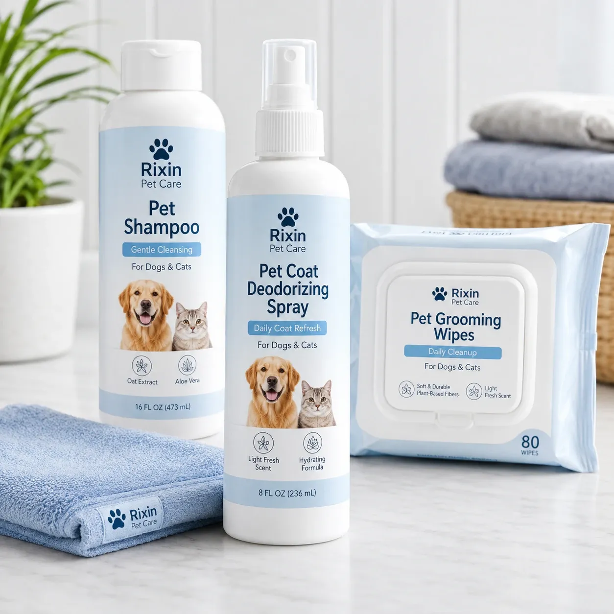 Rixin Pet Care grooming starter kit with pet shampoo, pet coat deodorizing spray, pet grooming wipes, and a folded blue towel