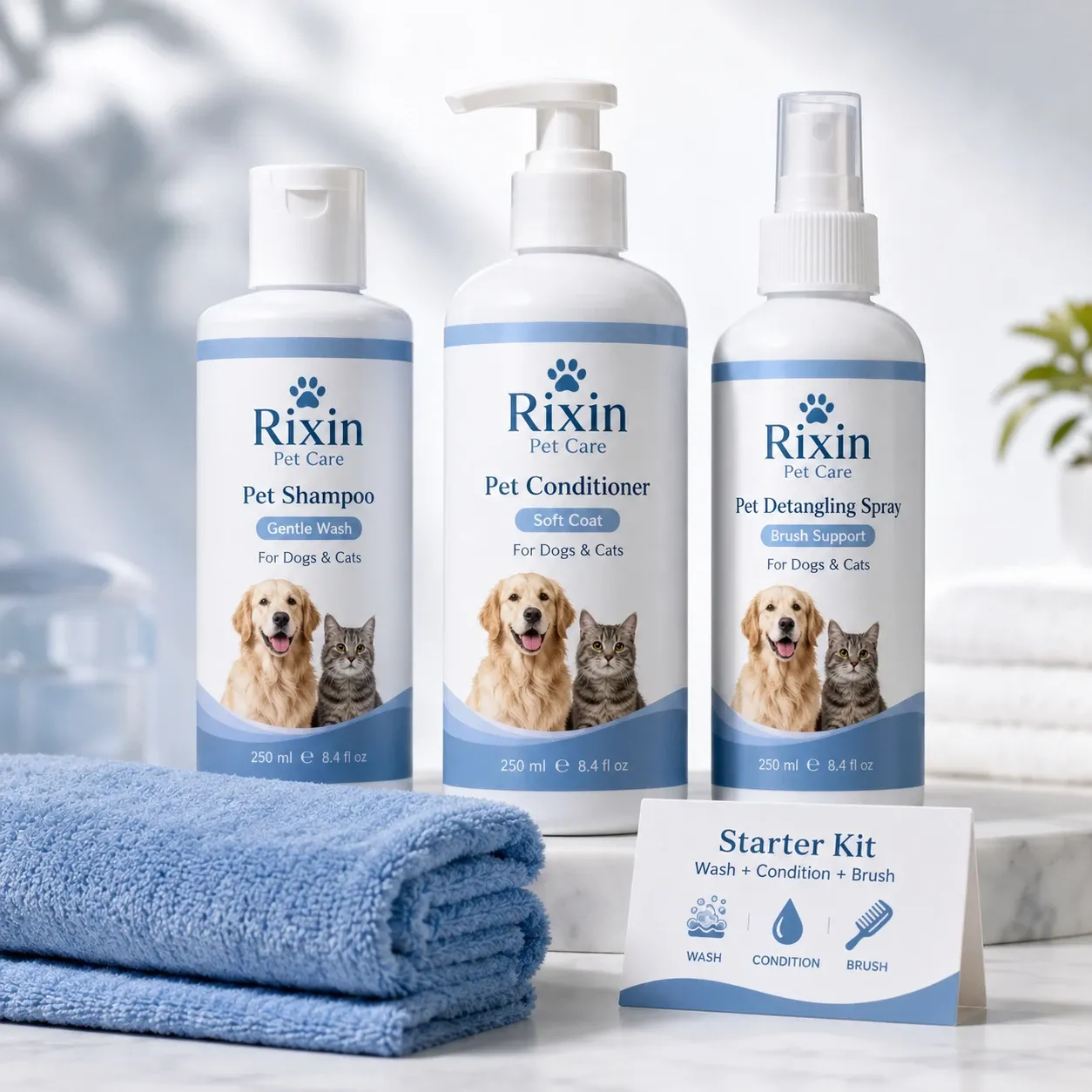Rixin Pet Care starter kit with pet shampoo, pet conditioner, pet detangling spray, and a folded blue towel