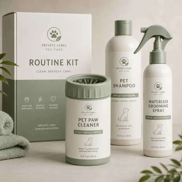 Private label routine kit with paw cleaner, shampoo, and waterless grooming spray