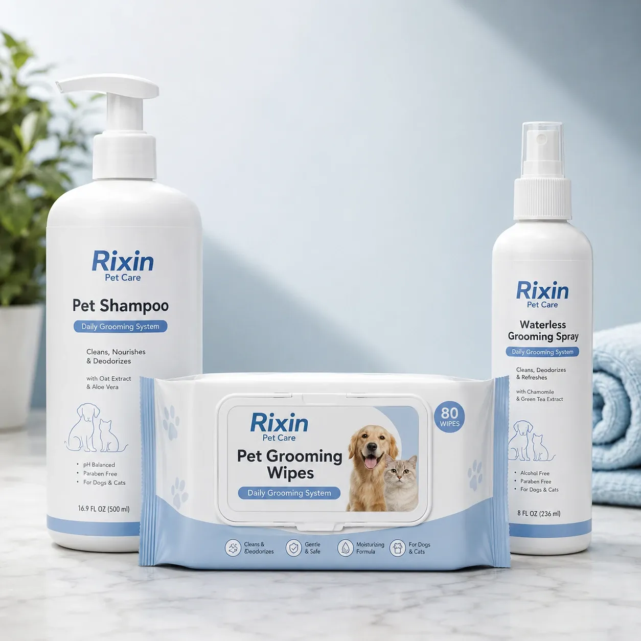 Private label grooming starter kit with pet shampoo, waterless grooming spray, and pet grooming wipes