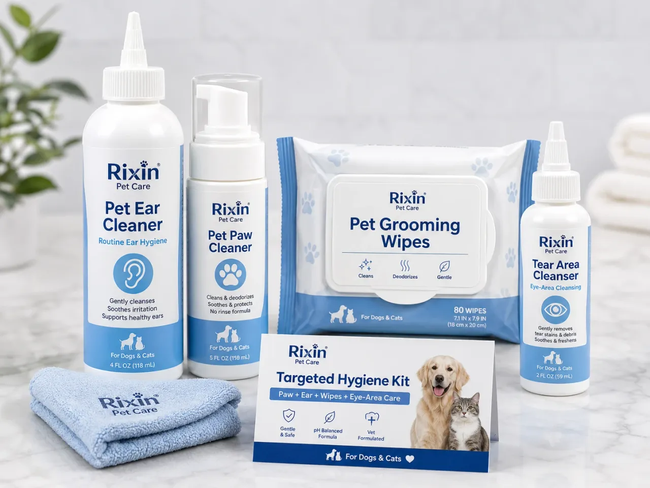 Rixin Pet Care targeted hygiene kit with pet ear cleaner, pet paw cleaner, pet grooming wipes, tear area cleanser, towel, and kit card
