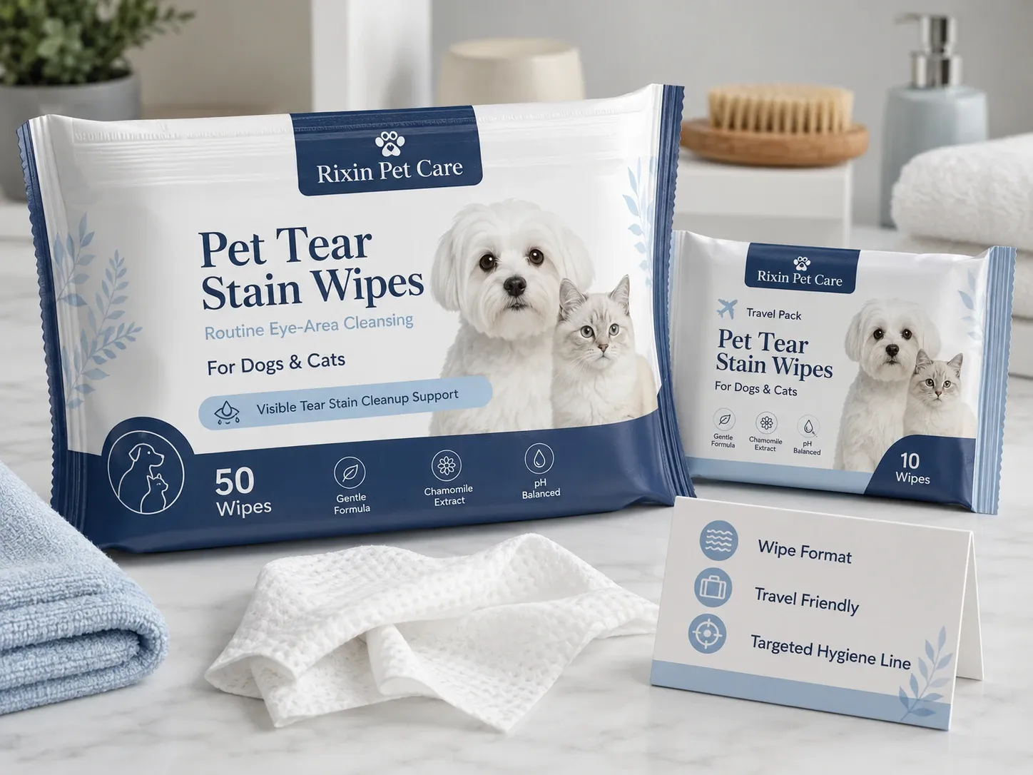 Rixin Pet Care pet tear stain wipes in standard and travel packs with textured wipes and wipe format sign