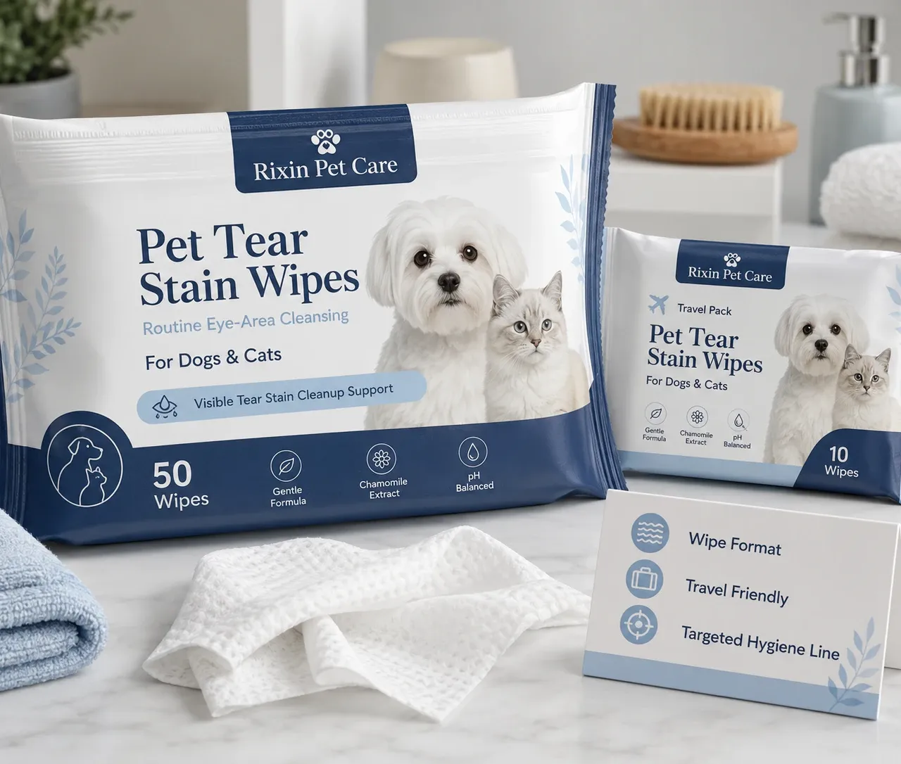 Pet tear stain cleaner wipes in standard and travel packs