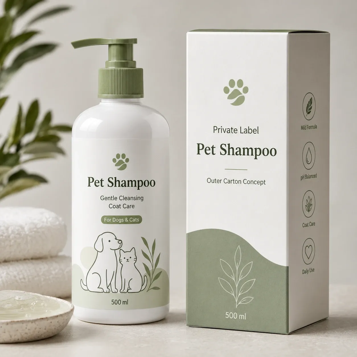 Private label pet shampoo bottle shown with outer carton packaging concept