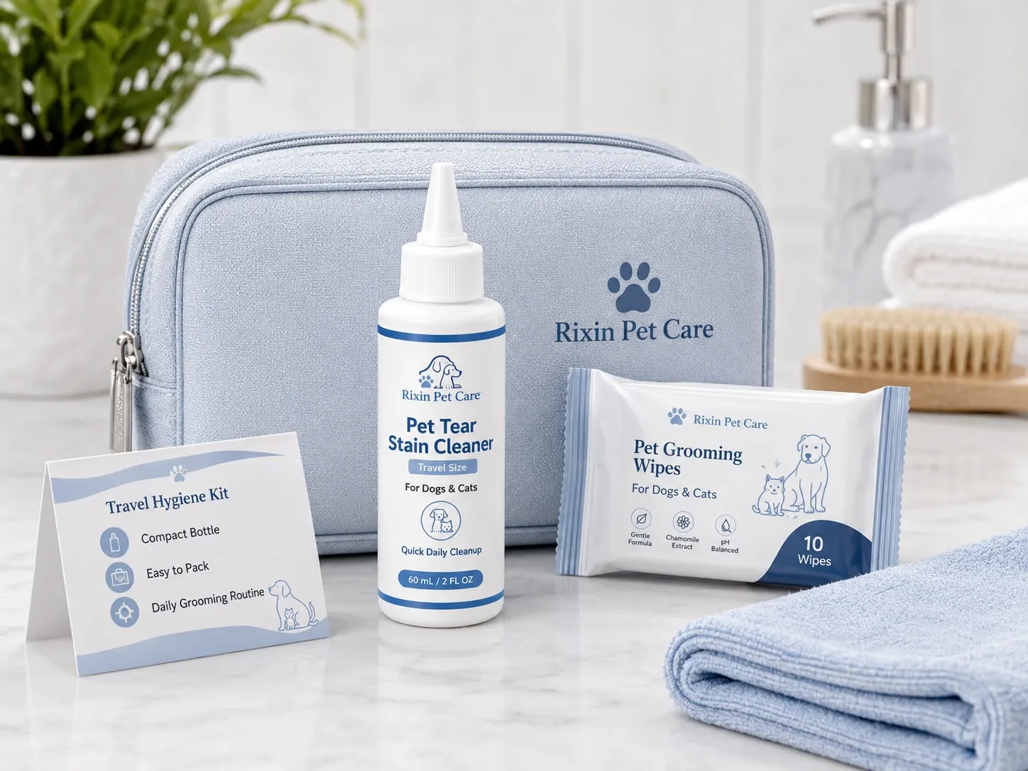 Rixin Pet Care travel hygiene kit with mini pet tear stain cleaner bottle, grooming wipes pack, travel pouch, towel, and travel kit card