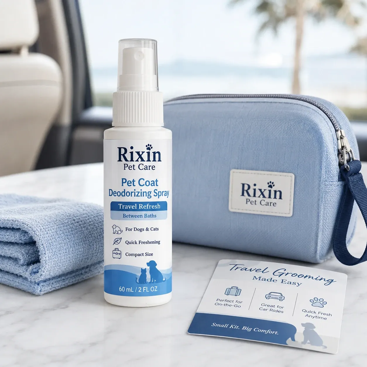 Rixin Pet Care travel-size pet coat deodorizing spray bottle with travel refresh labeling, a blue grooming pouch, folded towel, and travel card