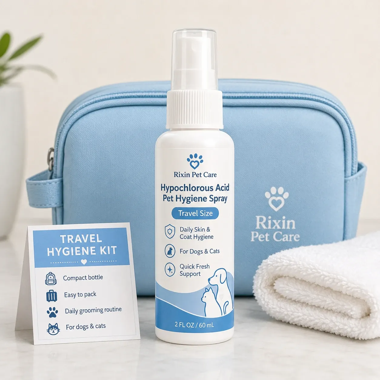 Travel-size HOCl pet hygiene spray with compact packaging reference
