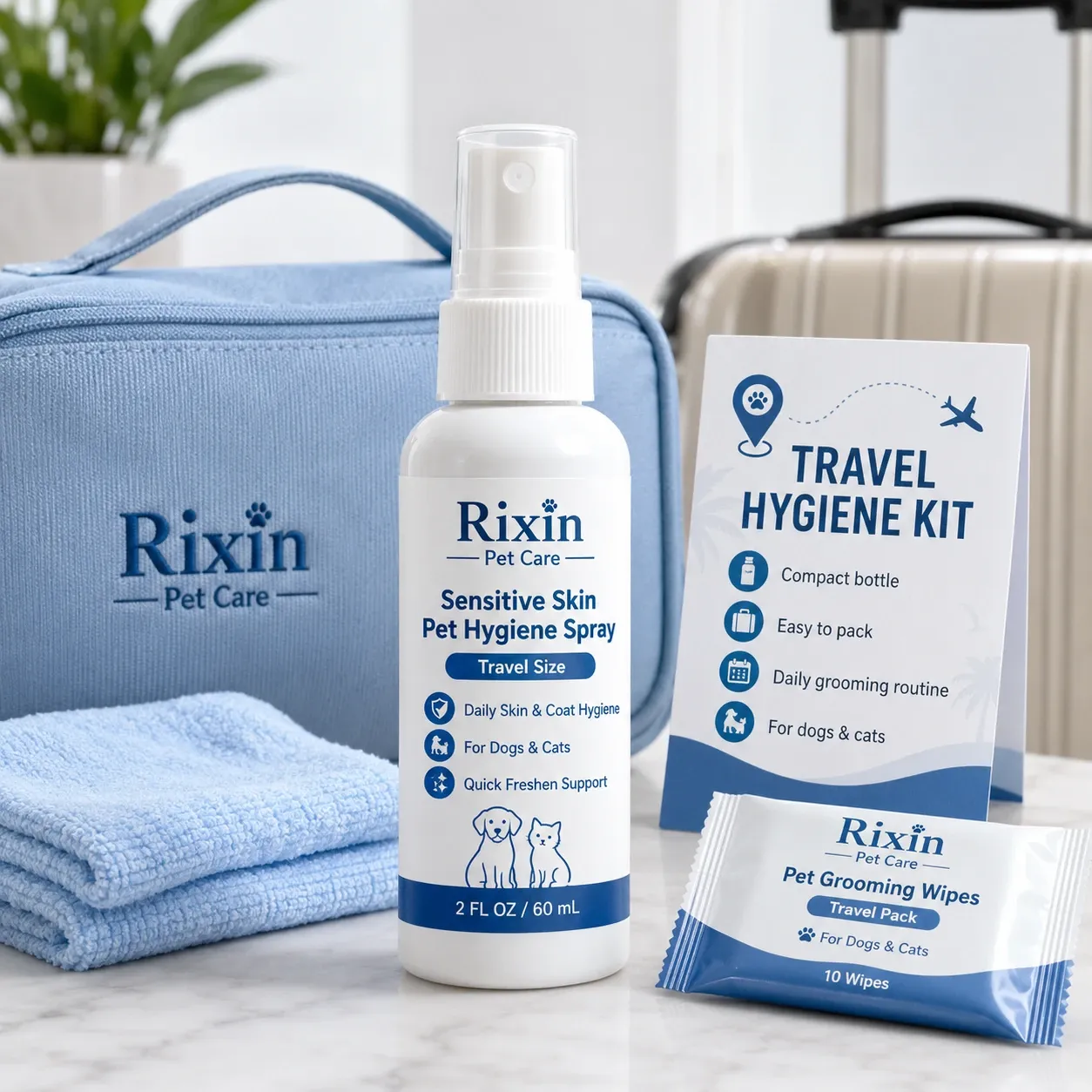 Rixin Pet Care travel hygiene kit with mini sensitive skin pet hygiene spray, travel pouch, folded towel, wipes pack, and travel hygiene kit card
