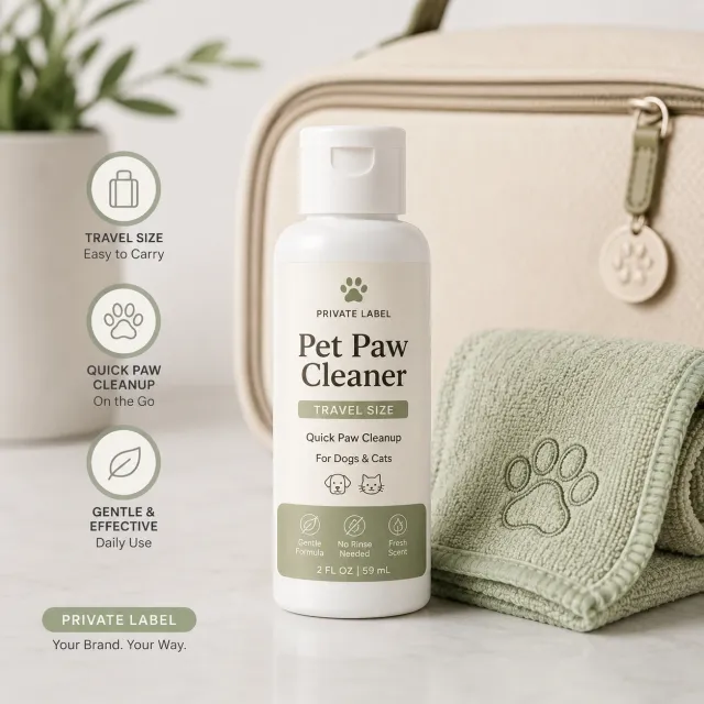 Travel-size pet paw cleaner bottle shown with soft paw towel and travel pouch