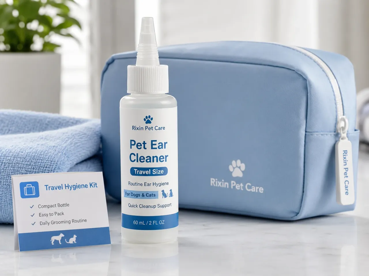 Rixin Pet Care travel-size pet ear cleaner bottle with a blue travel pouch, folded towel, and travel hygiene kit card