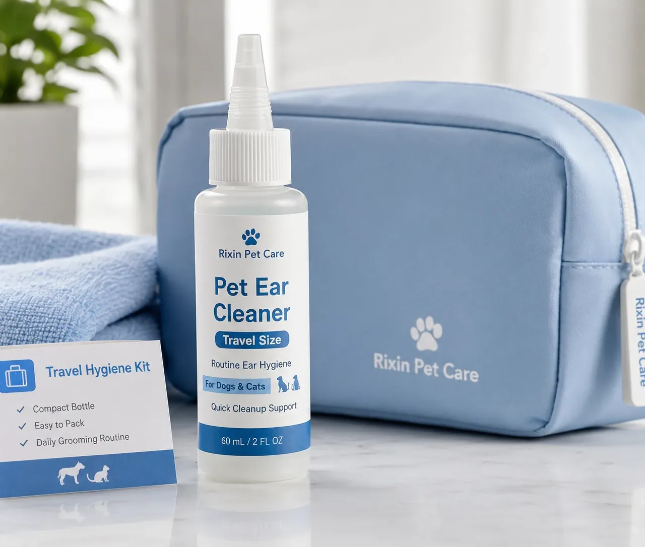 Travel-size pet ear cleaner bottle with pouch and grooming kit materials