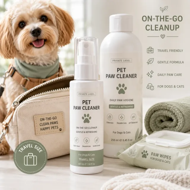 Travel-size pet paw cleaner shown with full-size companion bottle and travel accessories