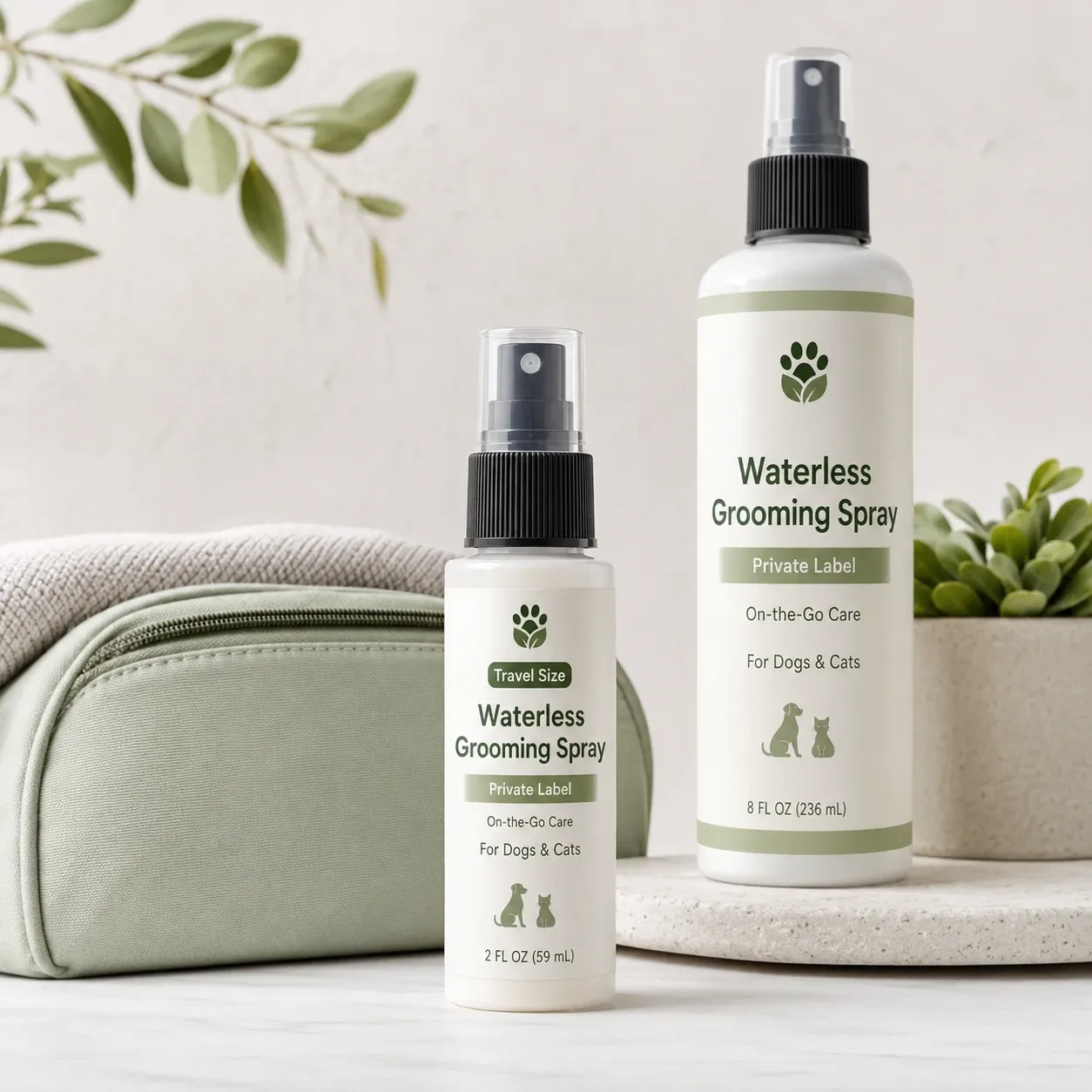 Travel-size waterless grooming spray bottle shown with full-size companion bottle