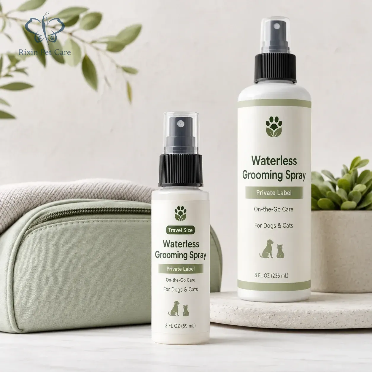 Travel-size waterless grooming spray bottle shown with full-size companion bottle