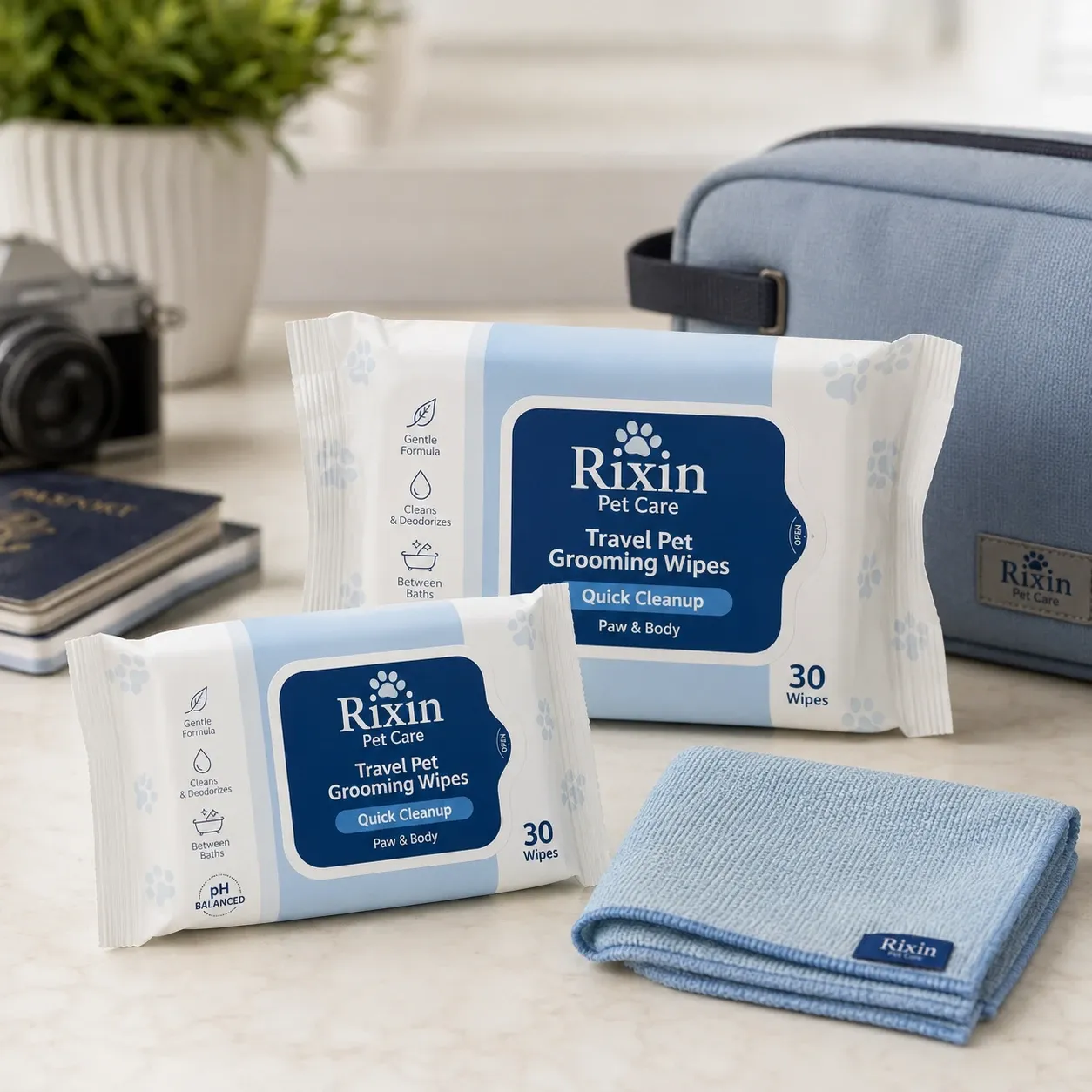 Two travel-size pet grooming wipes packs arranged beside a folded towel, travel bag, camera, and notebook