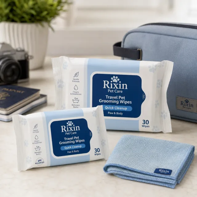Travel pet grooming wipes packs styled with a folded towel and travel bag for portable grooming routines