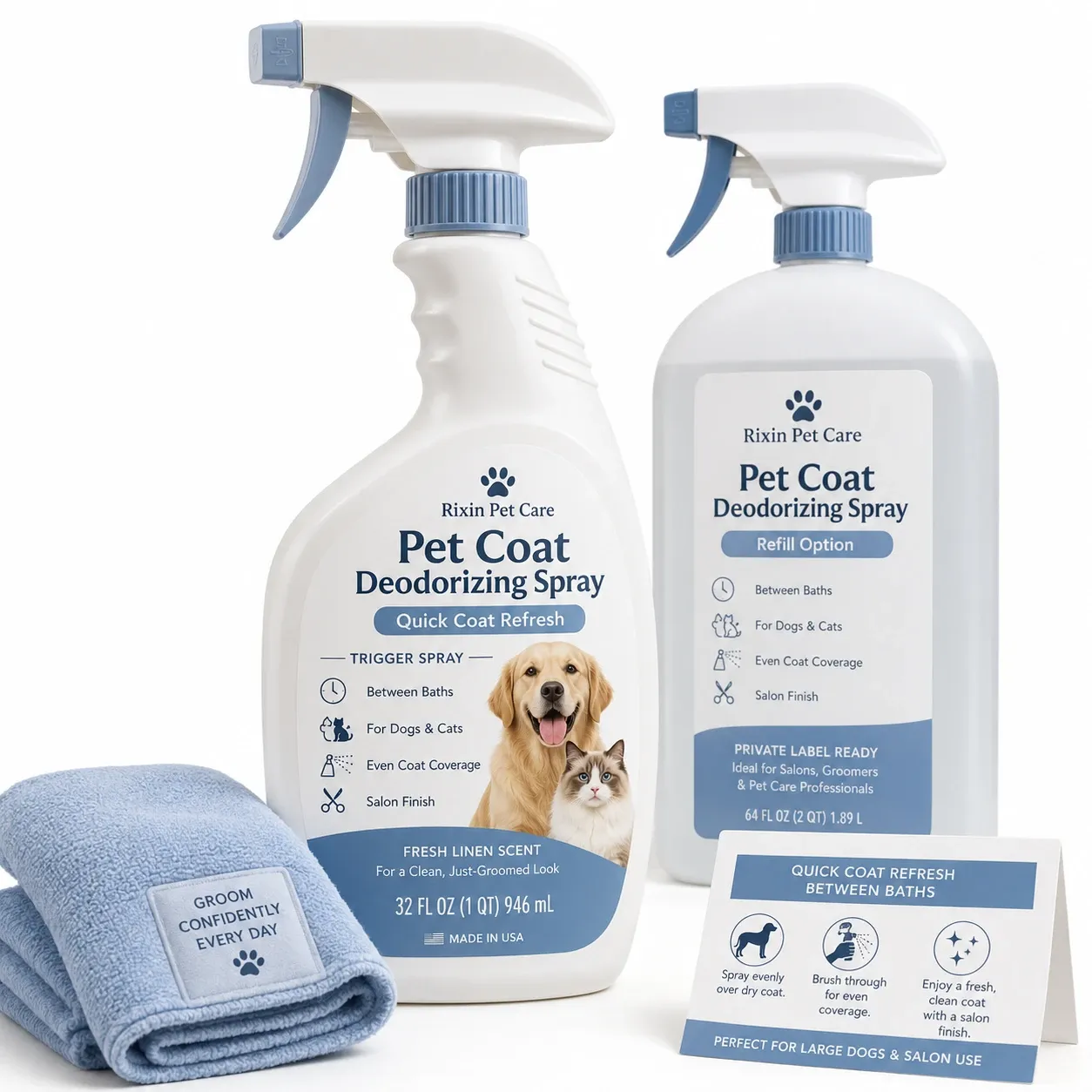 Rixin Pet Care trigger spray pet coat deodorizing bottles with quick coat refresh labeling, a folded blue towel, and a usage card