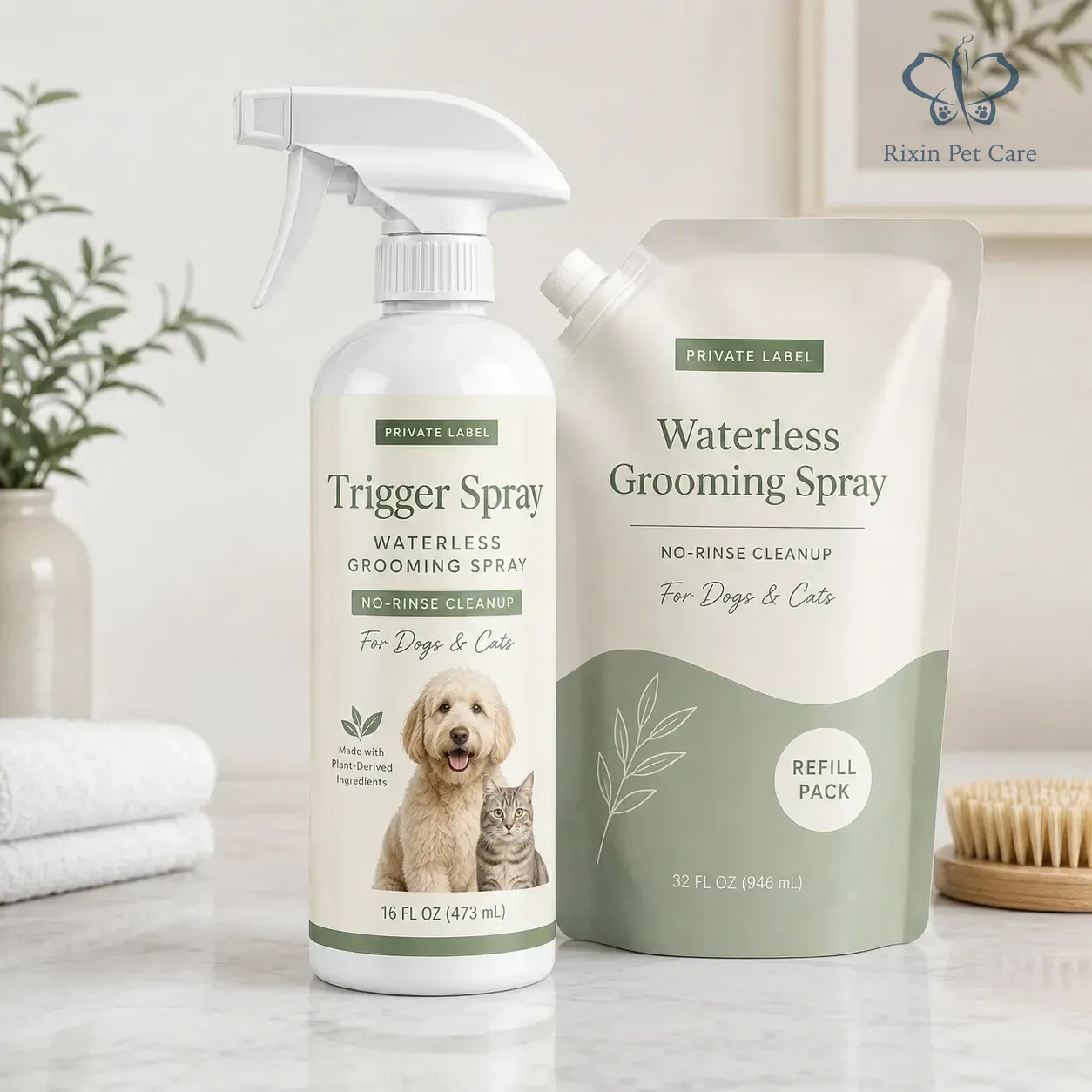 Trigger spray waterless grooming bottle shown with refill pouch packaging route