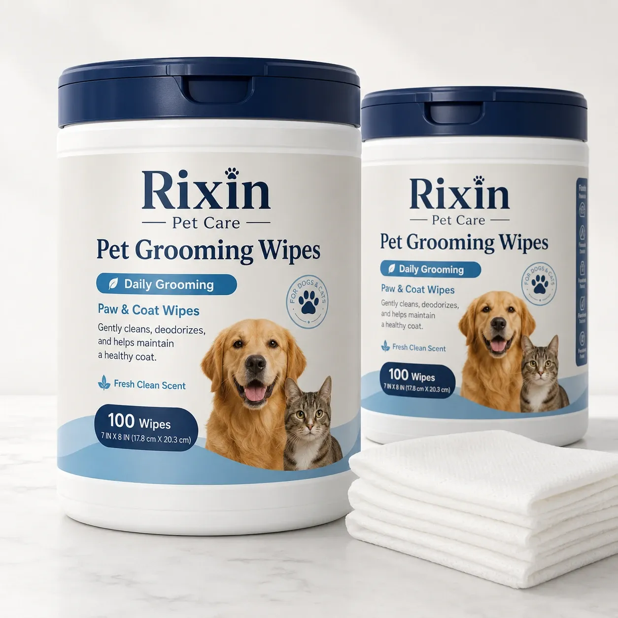 Two rigid tub pet grooming wipes canisters with large front labels and folded white wipes stacked in front