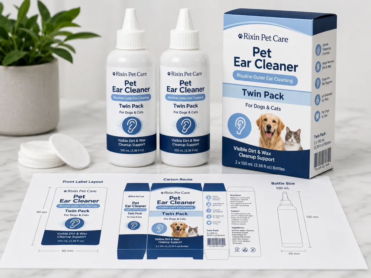 Rixin Pet Care twin-pack pet ear cleaner bottles with matching retail carton and front-label layout board