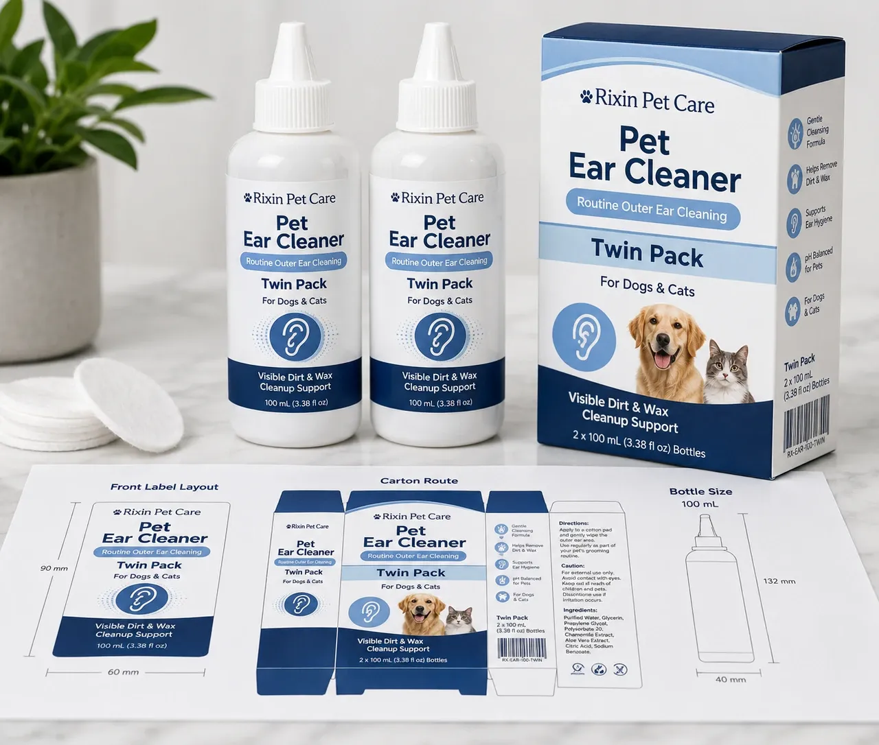 Twin-pack pet ear cleaner bottles with retail carton and label layout board