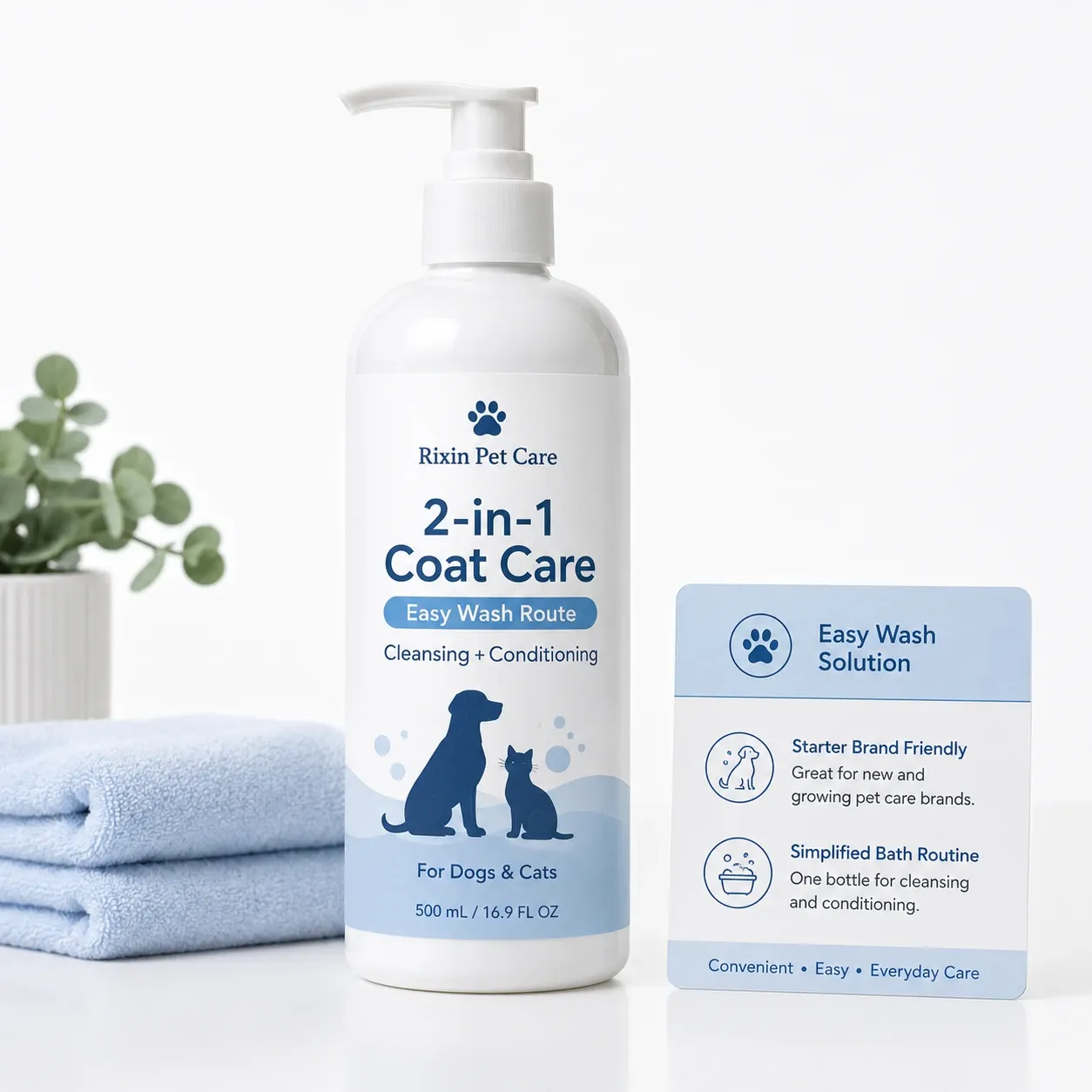 Rixin Pet Care 2-in-1 coat care bottle with easy wash solution card for simplified cleansing and conditioning