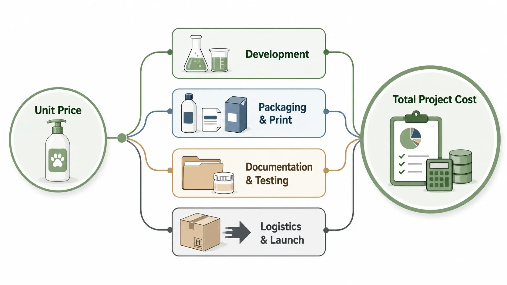 Unit price compared with development, packaging, testing, logistics, and total project cost