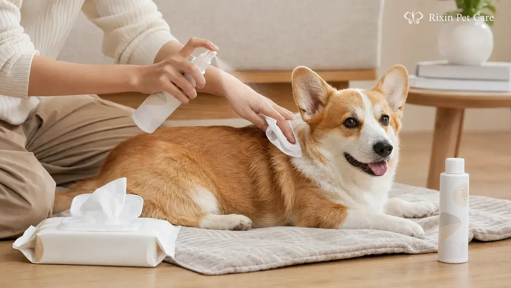 Waterless grooming spray and soft wipes used for corgi coat freshening between baths