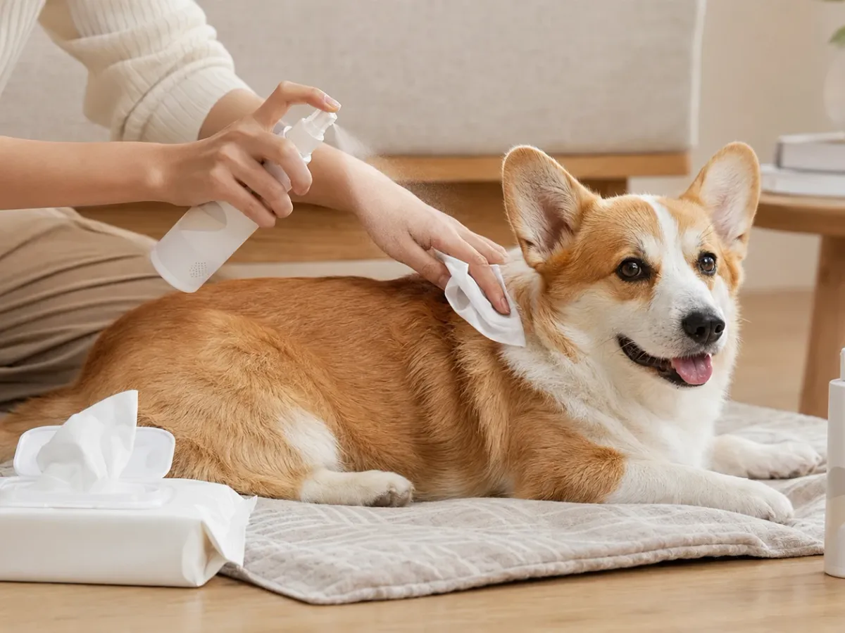 Waterless pet grooming spray and soft wipes prepared for between-bath coat freshening