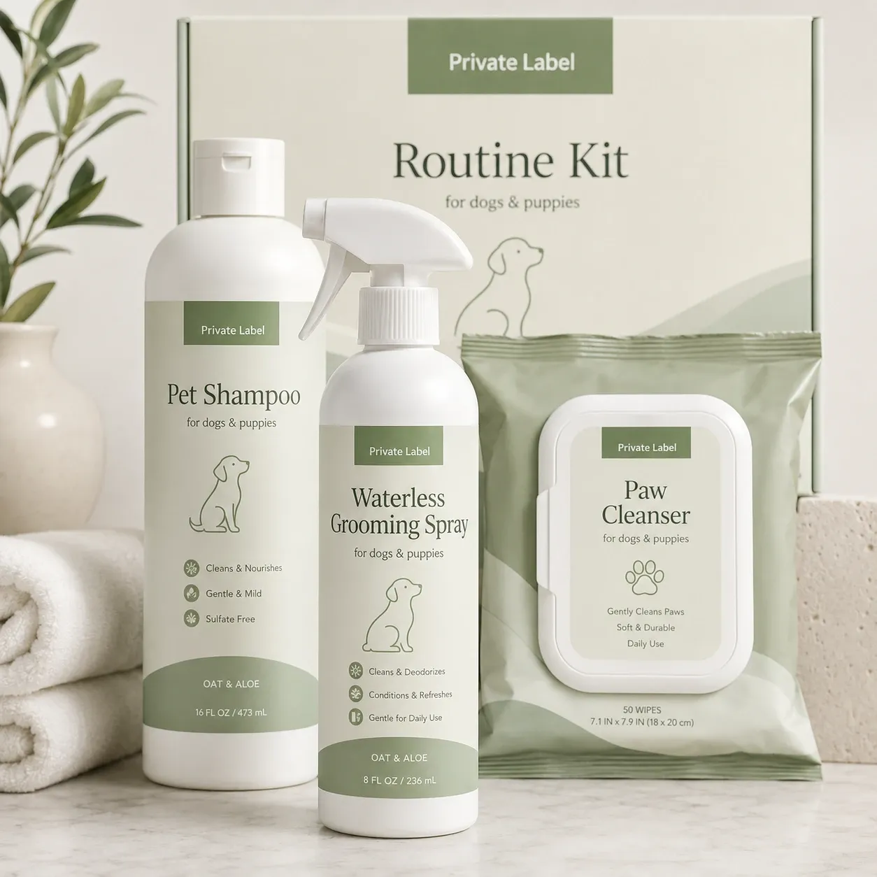 Waterless pet grooming packaging development board with shampoo, spray, wipes, and routine kit presentation