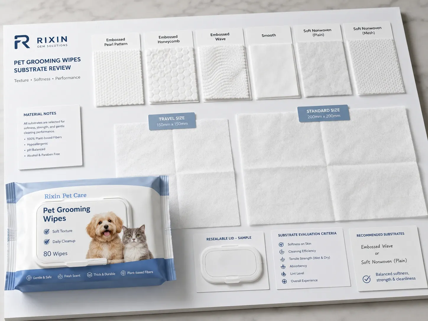 Wide pet grooming wipes substrate review board with labeled texture samples, travel and standard sheet sizes, and pack reference