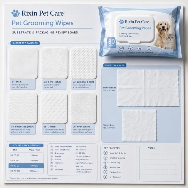 Square review board showing pet grooming wipes substrate samples, sheet sizes, and pack options